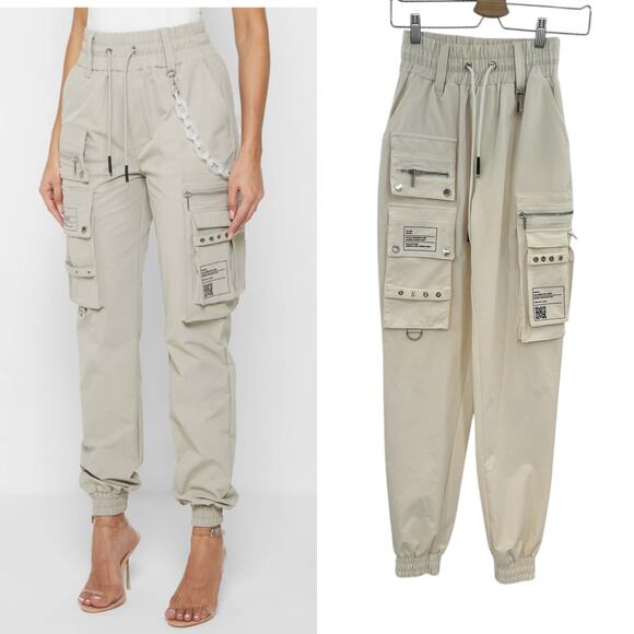 Maniere De Voir Cargo Joggers Pants Nylon Zip Pocket Beige Cream Size UK 4 US 0